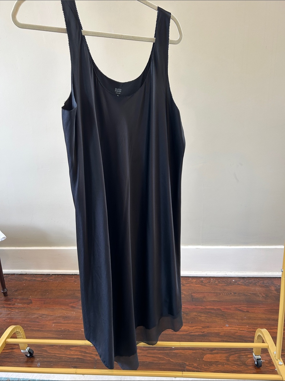 Eileen Fisher XL Simple Black Sleeveless Slip Dress with mesh bottom detail